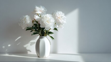 White peonies in a white vase, sunlit