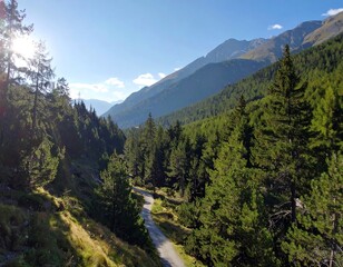 Obraz premium Sunny mountain valley with a winding road