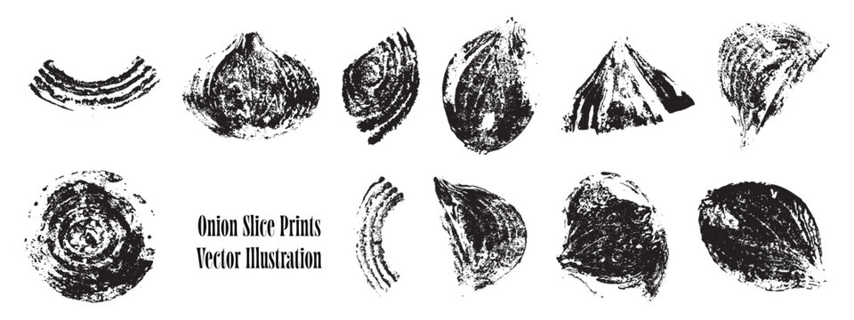 Vector onion rings print collection with grunge textures. Handcrafted vegetable slices for rustic kitchen decor, eco textile, wallpaper, and organic food design.