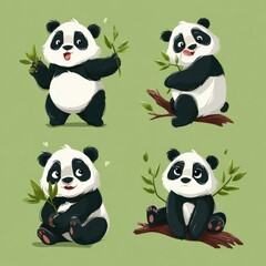 Fototapeta premium Four cartoon panda bears eating bamboo