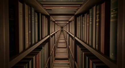 Obraz premium Endless corridor of bookshelves creating an infinite library perspective.