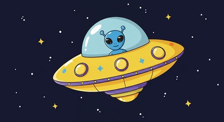 Cute cartoon alien in a flying saucer