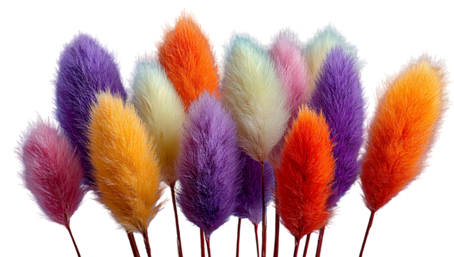 Assortment of Fluffy Dried Bunny Tail Grasses in Vibrant Colors lagurus ovatus dried flowers isolated on a transparent background
