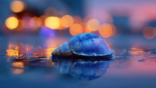 A seashell rests on a wet surface, reflecting in the water, with colorful bokeh lights in the background
