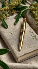 Fototapeta premium Beige notebook and gold pen, surrounded by greenery