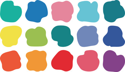 Fifteen colorful, abstract organic shapes arranged in a grid pattern against a white background.