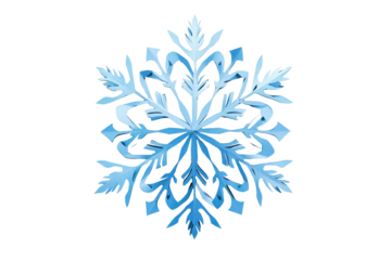 Intricate blue watercolor snowflake isolated on transparent background. Snowflake paper isolated on white background.