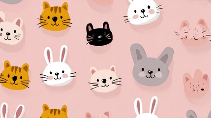 Cute animal heads, various colors, on pink background