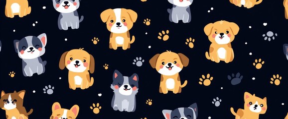 Obraz premium Cute cartoon dogs and cats on a dark navy background with paw prints