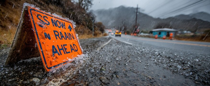 Wet roadway with warning sign for rain ahead
