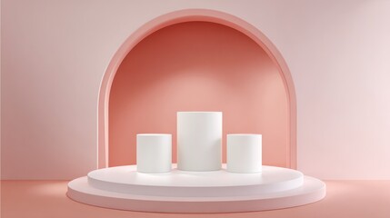 Three white cylinders on a tiered, light-pink platform, set within a light-peach archway