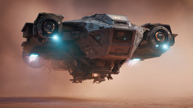 thruster jets firing from hovering lander above dusty plain light scattering through particles cinematic illustration concept scene visual for commercial design use high detail quality stock image