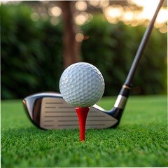 Golf ball resting on a red tee with driver on lush green course ready for a successful drive
