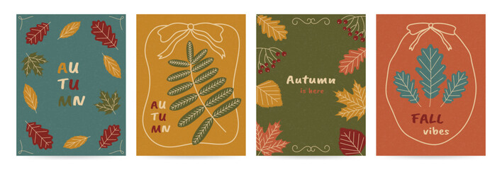 Autumn cover set. Fall season templates poster, invitation, card, flyer, banner, brochure, social media, sale, advertising. Thanksgiving day background with leaves and grainy texture. Abstract flat