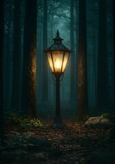 Forest Lamp Post Glowing in Dark Woods