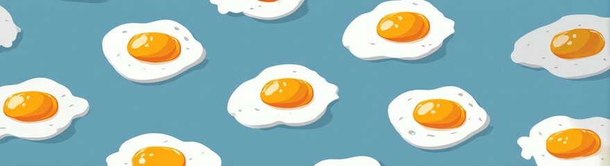 Fried eggs arranged in a repeating pattern on a light teal background