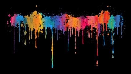 Colorful paint splatters and drips on black background