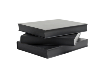 Stack of three old hardcover books isolated on transparent background. Stack black books isolated on white background.