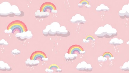 Pastel pink background with cartoon rainbows and clouds. Rain drops scattered