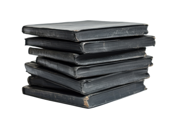 Stack of old antique books with worn covers isolated on transparent background. Stack black books isolated on white background.