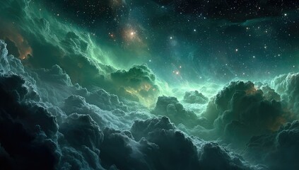 Celestial cloudscapes, vibrant greens and blues, star-studded void