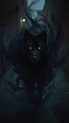 A dark wolf with glowing eyes surrounded by smoke in a shadowed environment at night mobile wallpaper