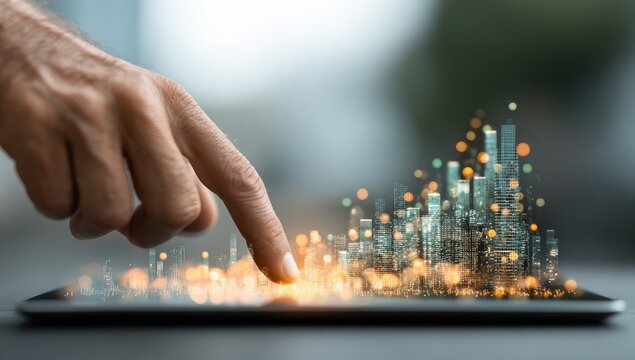 Hand interacts with tablet, digital city graphic - Powered by Adobe