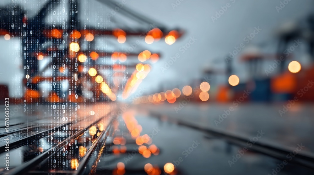 Poster futuristic digital port high-tech cranes and data-driven logistics integration solutions