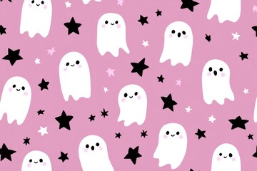 Cute ghosts and stars on a pink background