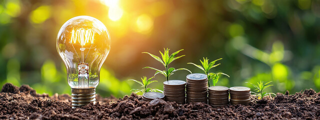 Electric light bulb stands near stacks of coins and young green shoots on the ground against the background of trees — a symbol of ideas, investments, financial growth and ecology