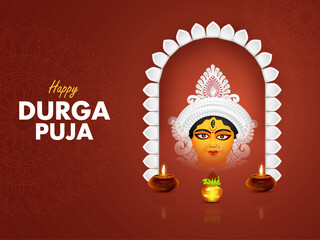Indian festival celebration with Indian Goddess Durga In Happy Durga Puja Bengali Festival celebration Vector illustration.