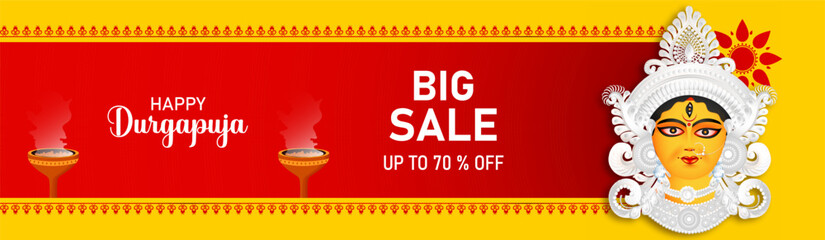 Happy Durga Puja Biggest sale banner, Poster or web header template design Vector Illustration.