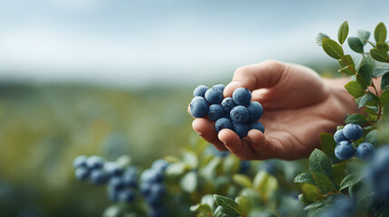 Hand holding freshly picked blueberries, surrounded by foliage. Symbolizes harvest, freshness, natural goodness, and sustainable farming. Ideal for food, health, or nature themes.