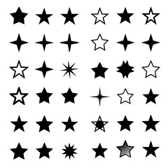 A collection of various black and white star shapes and icons, including solid, outlined, and stylized designs, arranged in a grid.