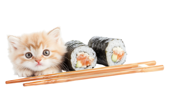 A cat is laying on a plate of sushi and chopsticks isolated on transparent background. Sushi roll with chopsticks isolated on white background. - Powered by Adobe