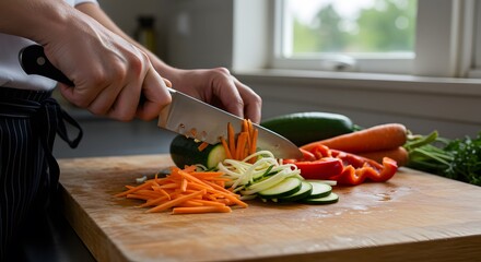 Chef Cutting Fresh Orange Carrots and Green Zucchini on Wooden Board in Kitchen