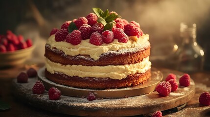 Raspberries on Cream Cake with Soft Light and Rustic Background