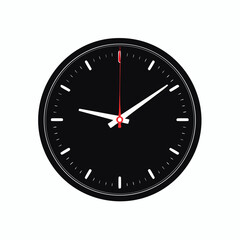 A sleek, modern black clock with white hour and minute hands, and a red second hand