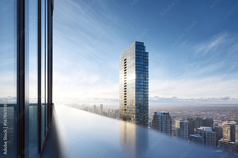 Poster modern architecture showcases a gleaming skyscraper from a highrise perspective. reflective glass an