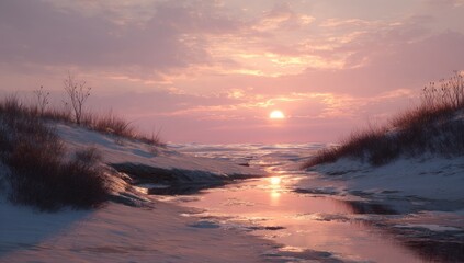 Winter sunset over frozen creek.  Snowy, sandy shore with reeds.  Soft pink hues