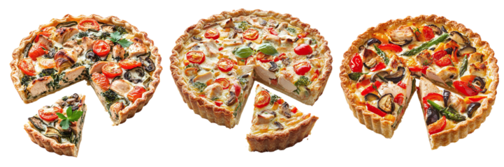 Set of delicious baked pies with chicken and vegetables isolated on transparent background PNG