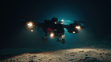 thruster jets firing from hovering lander above dusty plain light scattering through particles cinematic illustration concept scene visual for commercial design use high detail quality stock image