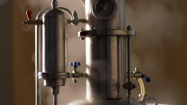 Detailed Close Up of Palm Vinegar Distillation Equipment with Steaming Vapors and Metallic Components in Neutral Background Perfect for Demonstrating Traditional Food Processing Techniques