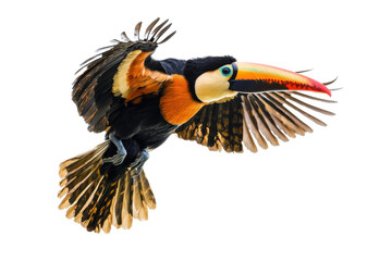 Fototapeta premium Colorful toucan bird made of recycled materials flying isolated on transparent background. Toucan in flight isolated on white background.