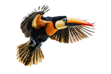 Colorful toucan bird made of recycled materials flying isolated on transparent background. Toucan in flight isolated on white background.