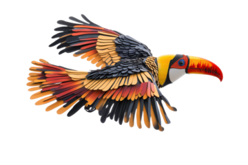 Colorful toucan bird made of recycled materials flying isolated on transparent background. Toucan in flight isolated on white background.