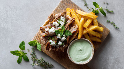 Appetizing Mediterranean gyro plate with meat, feta, fries and refreshing sauce, styled with herbs. Ideal for restaurant menus, food blogs, and travel promotions.
