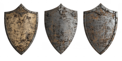 Three medieval shields isolated on transparent png background