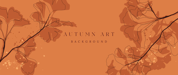 Autumn ginkgo leaf on horizontal background vector. Wallpaper of  ginkgo leaf stalk line art and shadows on orange background. Fall seasonal vector illustration for ,cover, poster, ads sale.