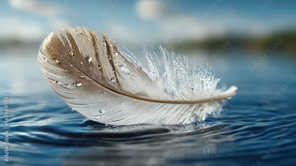 Poster delicate feather floating gracefully on calm water with soft ripples and glimmering reflection